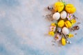 Easter decoration Ã¢â¬â willow, tulips, narcissus, bunny figurines and natural eggs. Top view, close up, flat lay on light